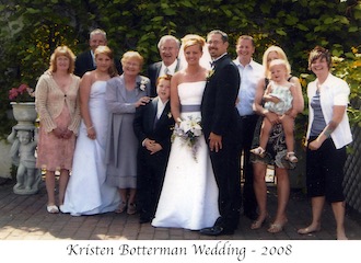 Bride and groom with the bride’s family on a patio