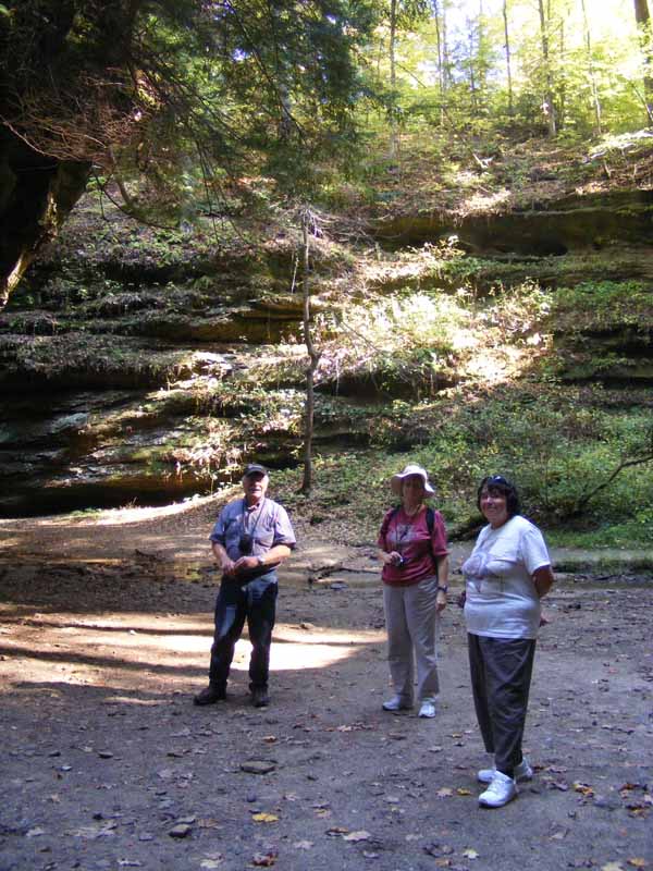 Gail Holm & Ann and Bob Zink at the red-painted Bridgeton Mill