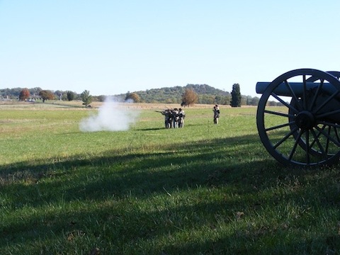 Confederate re-enactors
          along Seminary Ridge in the bright sunshine