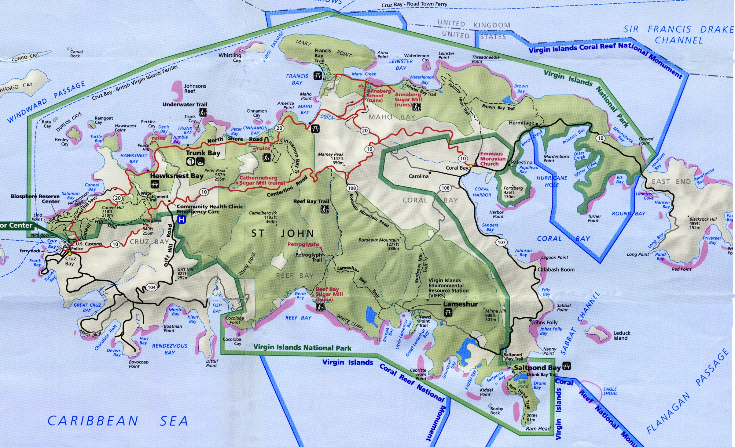 Colored map of St. John in the Virgin Islands.