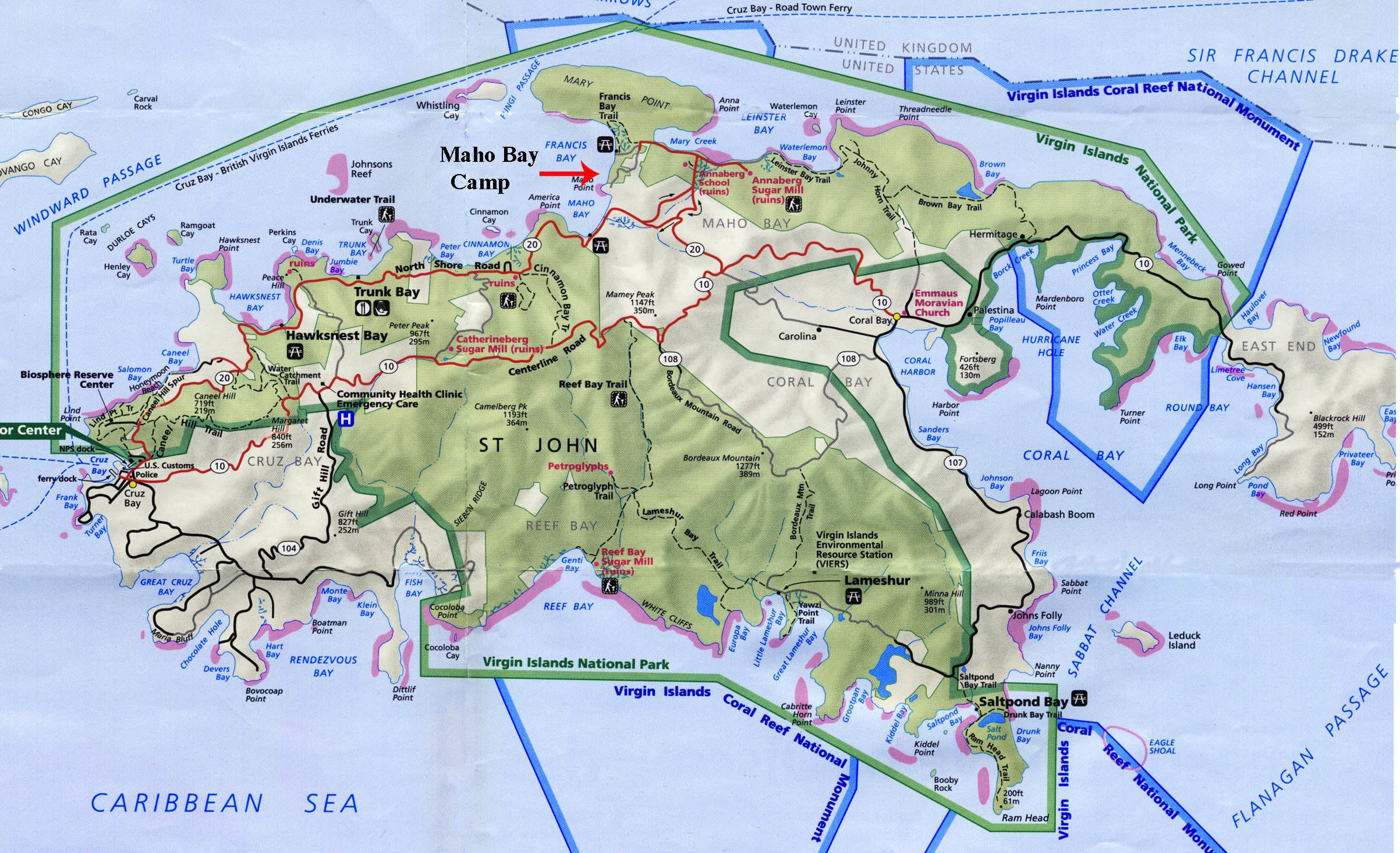 Colored map of St. John in the Virgin Islands.