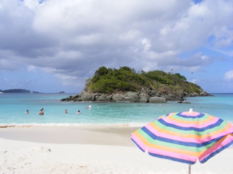 Trunk Cay sitting in the middle of 
Trunk Bay with swimmers and snorkelers around it